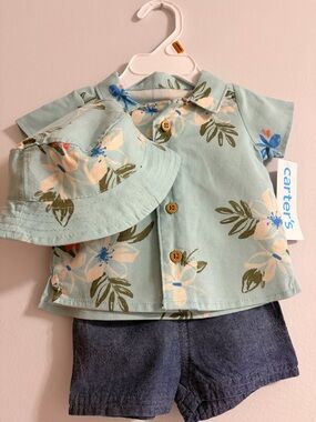 Carter's Light BlueFloral Button-Front Shirt with Matching Hat